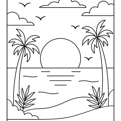 Desenho de contorno de um grande sol se pondo no mar, com dois coqueiros nas laterais, vegetação rasteira na areia e gaivotas no céu.