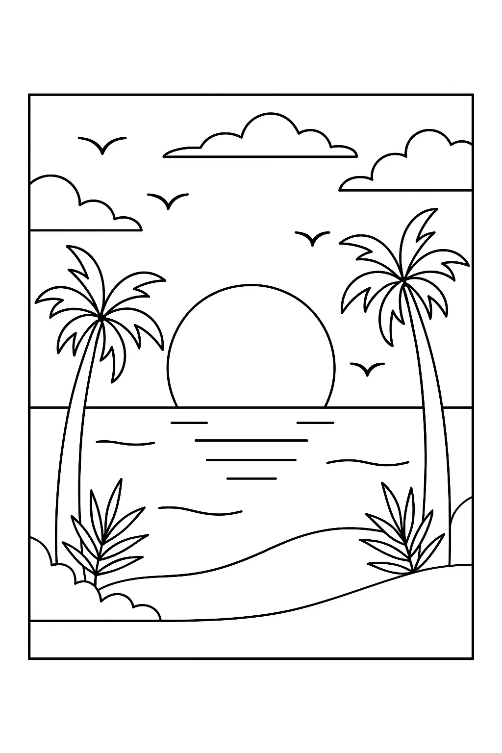 Desenho de contorno de um grande sol se pondo no mar, com dois coqueiros nas laterais, vegetação rasteira na areia e gaivotas no céu.