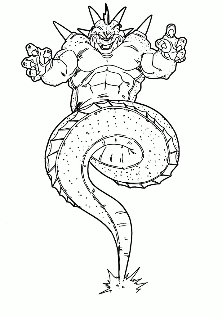 Desenho de contorno em preto e branco do dragão Porunga de Dragon Ball, mostrando seu tronco musculoso, braços com garras e cauda longa e pontilhada.