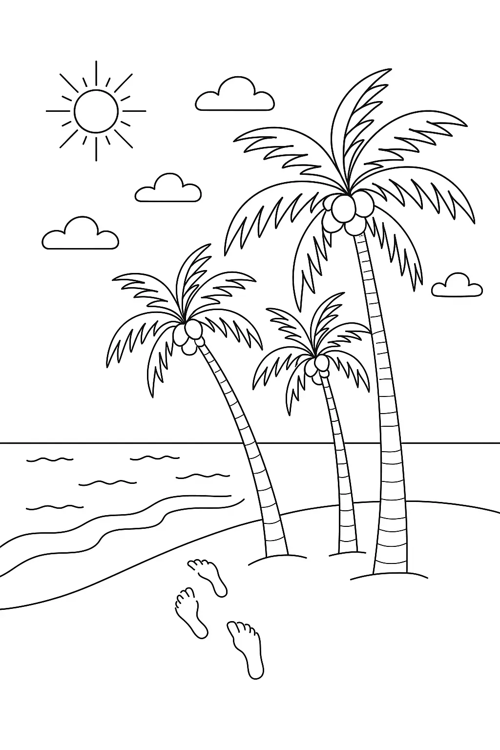 Desenho de contorno de uma praia com três coqueiros à direita, ondas suaves batendo na areia, pegadas humanas e um sol com nuvens no céu.