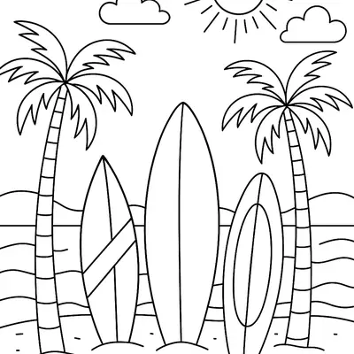 Desenho de contorno de três pranchas de surf em pé na areia da praia, flanqueadas por dois coqueiros, com montanhas, mar e sol ao fundo.