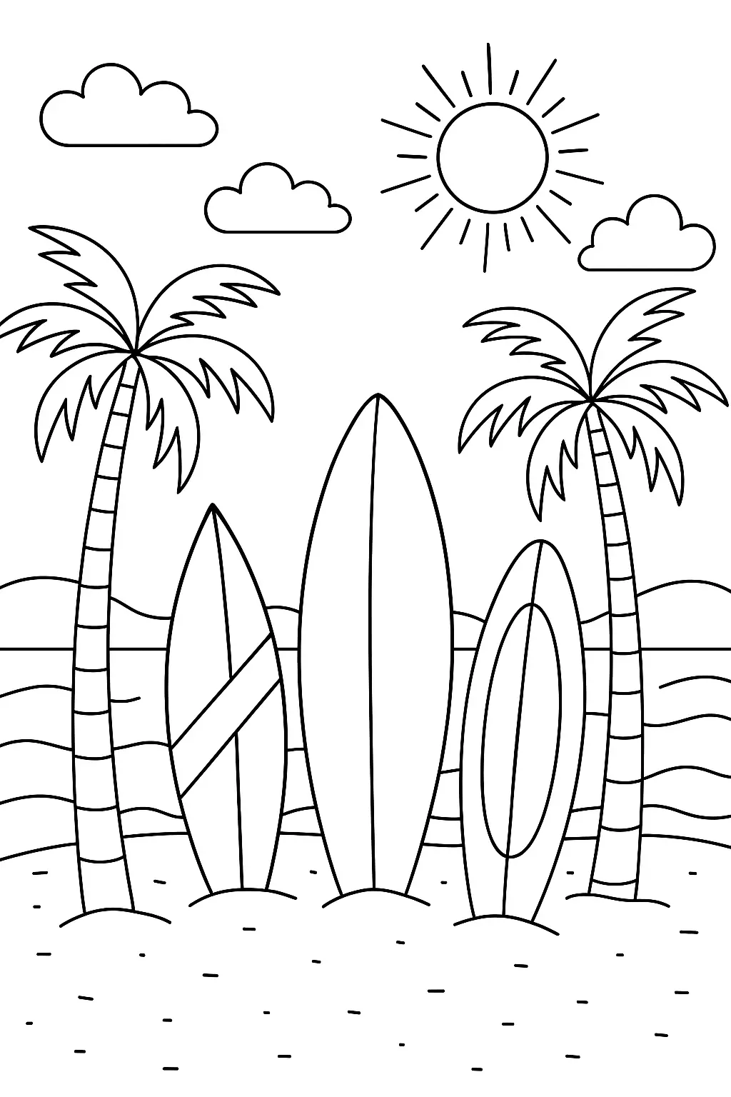 Desenho de contorno de três pranchas de surf em pé na areia da praia, flanqueadas por dois coqueiros, com montanhas, mar e sol ao fundo.