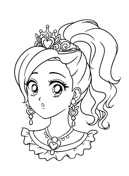 Desenho de contorno em preto e branco de uma princesa anime com rabo de cavalo alto, tiara de coração, brincos pendentes e colar.