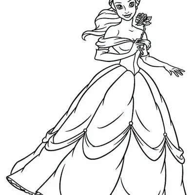 Desenho de contorno da Princesa Bela de corpo inteiro, usando o vestido de baile de camadas e segurando uma rosa com uma mão, sorrindo.