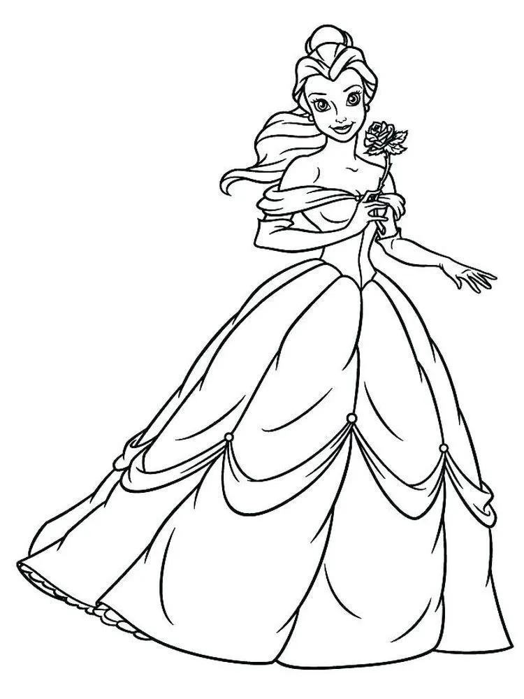 Desenho de contorno da Princesa Bela de corpo inteiro, usando o vestido de baile de camadas e segurando uma rosa com uma mão, sorrindo.