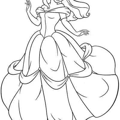 Desenho de contorno da Princesa Bela de corpo inteiro, usando o vestido de baile amarelo, com cabelos ao vento e pose elegante.