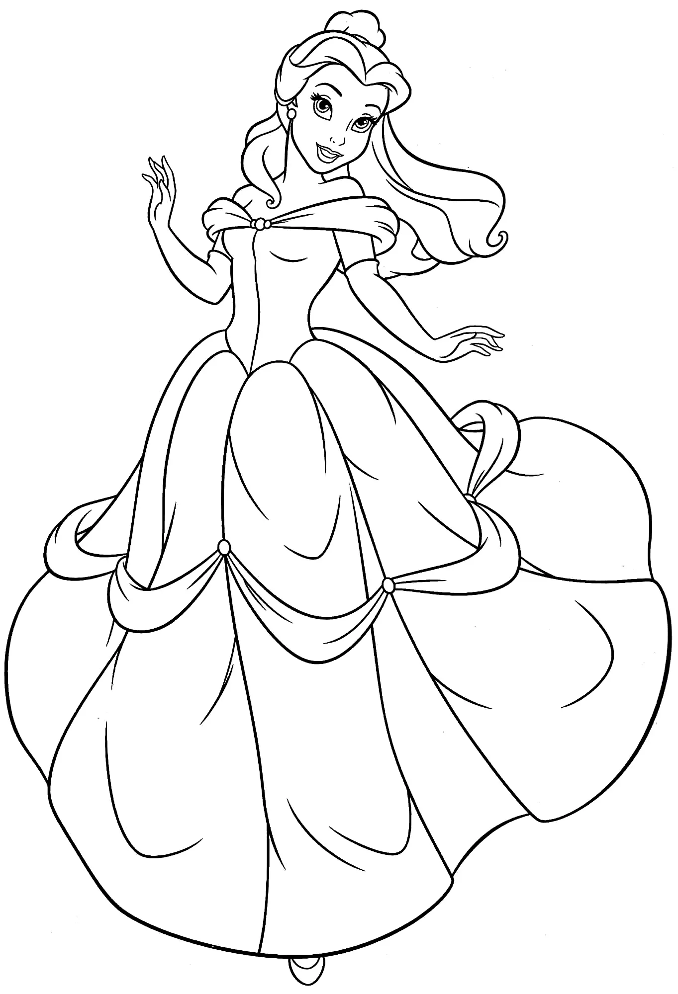 Desenho de contorno da Princesa Bela de corpo inteiro, usando o vestido de baile amarelo, com cabelos ao vento e pose elegante.