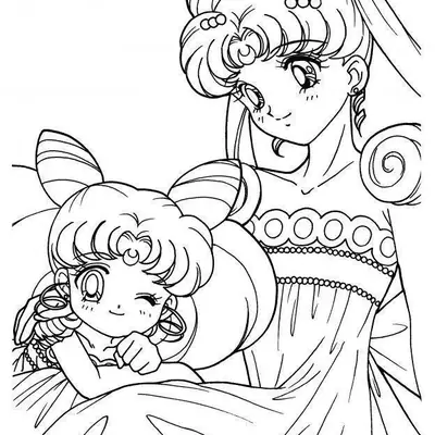 Desenho de contorno em preto e branco da Princesa Serenity sorrindo ao lado de Chibiusa, ambas usando vestidos de gala com detalhes de círculos no busto.