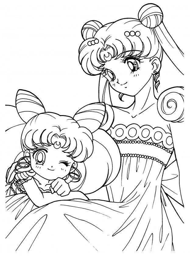 Desenho de contorno em preto e branco da Princesa Serenity sorrindo ao lado de Chibiusa, ambas usando vestidos de gala com detalhes de círculos no busto.