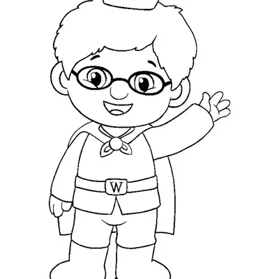 Desenho de contorno do personagem Príncipe Quarta-Feira acenando, usando óculos, uma coroa pequena, capa e um cinto com a letra W.
