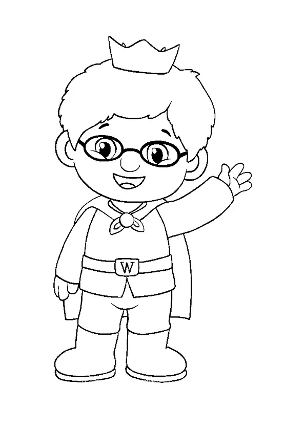 Desenho de contorno do personagem Príncipe Quarta-Feira acenando, usando óculos, uma coroa pequena, capa e um cinto com a letra W.