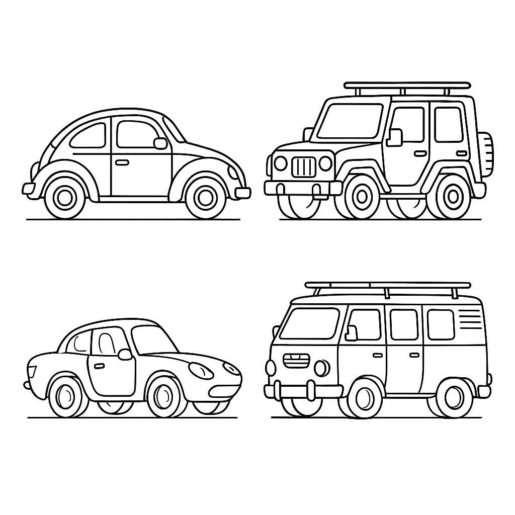 Desenho de contorno simples de quatro veículos: um Fusca, um Jipe 4x4, um carro esportivo compacto e uma van de passageiros com bagageiro.