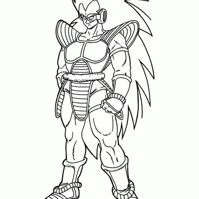Desenho de contorno em preto e branco do personagem Raditz de Dragon Ball Z, em pé, usando armadura com ombreiras e rastreador no olho.