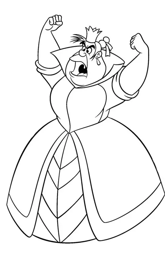 Desenho para colorir da Rainha de Copas de Alice no País das Maravilhas, em pé, gritando de raiva com os punhos cerrados e vestindo um grande vestido de balão.