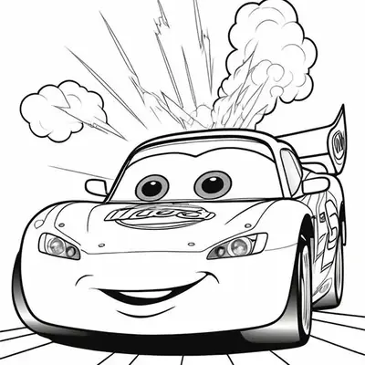 Desenho de contorno do Relâmpago McQueen visto de frente, acelerando em uma pista com grandes labaredas de fogo e fumaça saindo de trás.