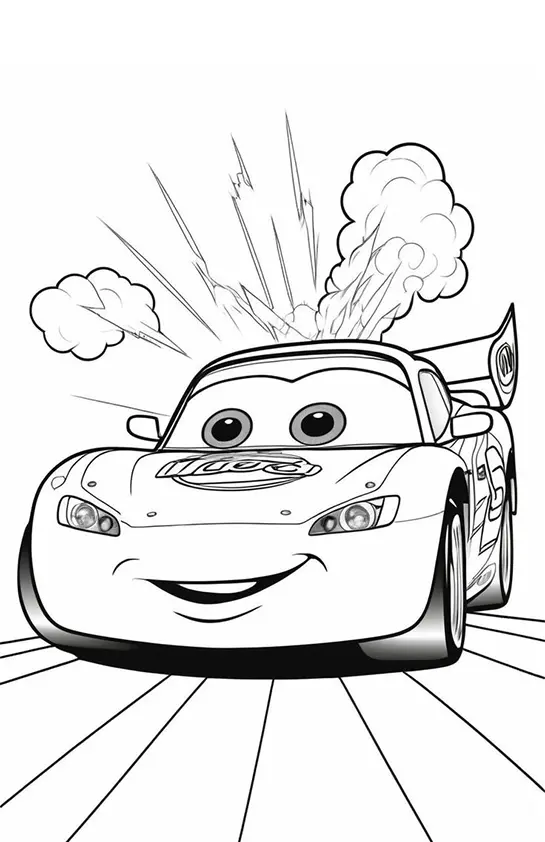 Desenho de contorno do Relâmpago McQueen visto de frente, acelerando em uma pista com grandes labaredas de fogo e fumaça saindo de trás.