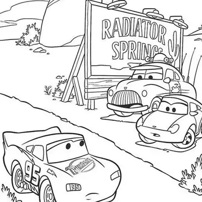 Desenho de contorno do Relâmpago McQueen na estrada em frente à placa de boas-vindas de Radiator Springs, com Sally e outro carro ao fundo.