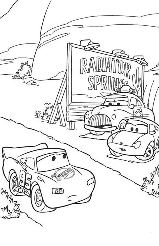 Desenho de contorno do Relâmpago McQueen na estrada em frente à placa de boas-vindas de Radiator Springs, com Sally e outro carro ao fundo.