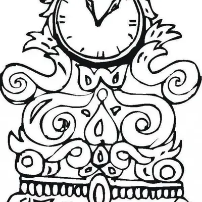 Desenho de contorno de um relógio de mesa de estilo barroco ou vitoriano, com muitos detalhes em espiral, pés decorados e ponteiros clássicos.