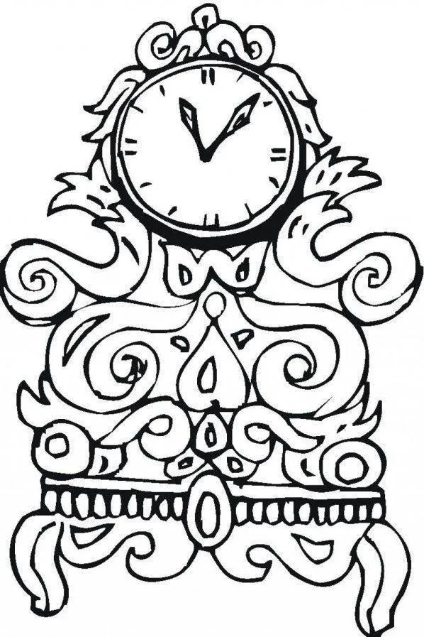 Desenho de contorno de um relógio de mesa de estilo barroco ou vitoriano, com muitos detalhes em espiral, pés decorados e ponteiros clássicos.