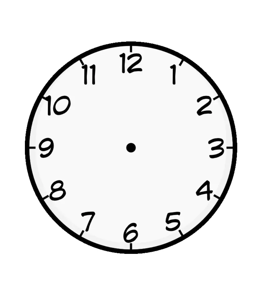 Desenho de contorno de um relógio redondo simples com borda grossa, números de 1 a 12 dispostos em círculo e um ponto central para os ponteiros.