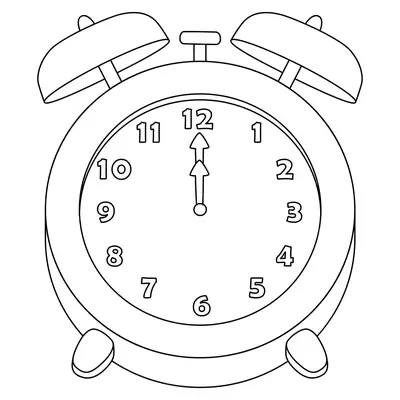 Desenho de contorno de um relógio despertador redondo com dois sinos superiores, pés de apoio e ponteiros indicando doze horas.