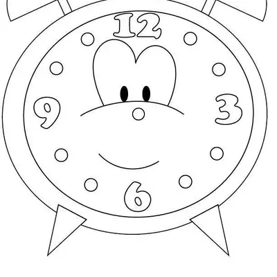 Desenho de contorno de um relógio despertador com rosto, olhos pretos, números 12, 3, 6 e 9, e ponteiros soltos na parte de baixo.