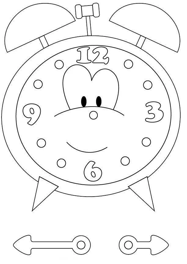 Desenho de contorno de um relógio despertador com rosto, olhos pretos, números 12, 3, 6 e 9, e ponteiros soltos na parte de baixo.