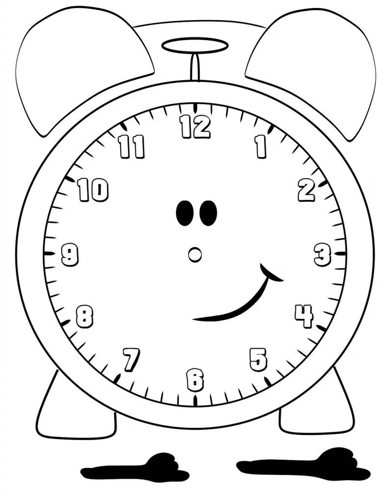Desenho de contorno de um relógio despertador redondo com rosto sorridente, olhos pretos ovais, sinos no topo e marcações de minutos.