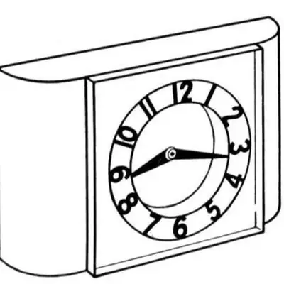 Desenho de contorno em perspectiva de um relógio de mesa quadrado com laterais curvas e mostrador circular com números de 1 a 12.