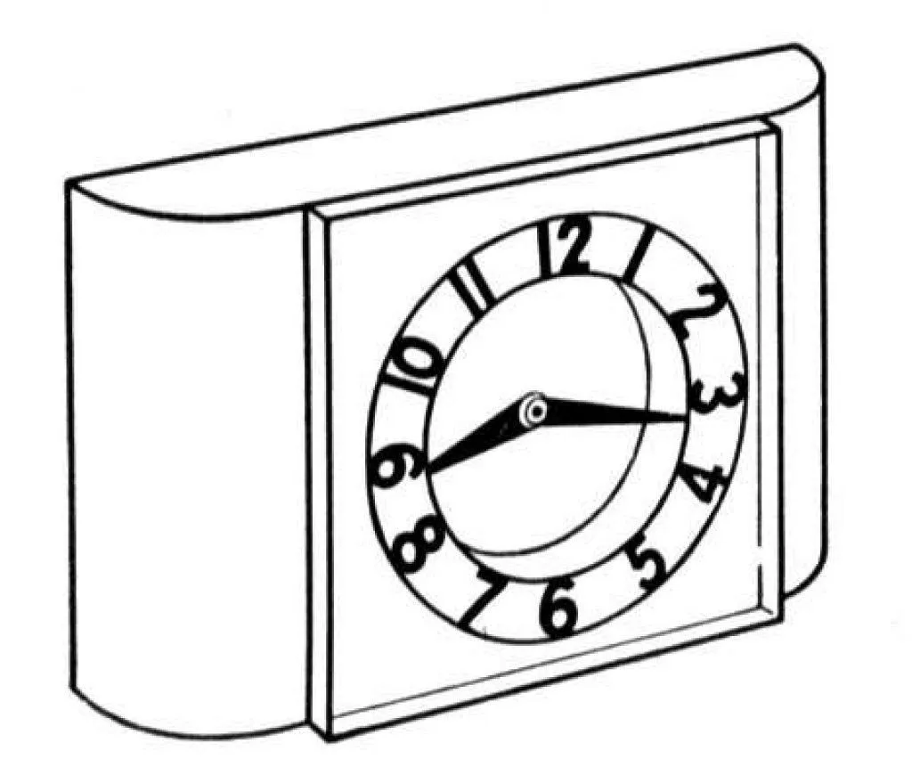 Desenho de contorno em perspectiva de um relógio de mesa quadrado com laterais curvas e mostrador circular com números de 1 a 12.
