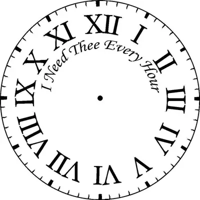 Desenho de contorno de um relógio redondo com números romanos de I a XII e a frase escrita 'I Need Thee Every Hour' em arco no centro.