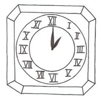 Desenho de contorno de um relógio de parede quadrado com moldura, mostrador circular e números romanos de I a XII.