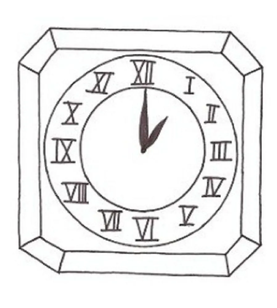 Desenho de contorno de um relógio de parede quadrado com moldura, mostrador circular e números romanos de I a XII.