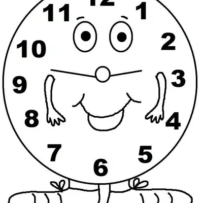 Desenho de contorno de um relógio circular com olhos, nariz, boca sorridente, braços pequenos e pés usando sapatos compridos.