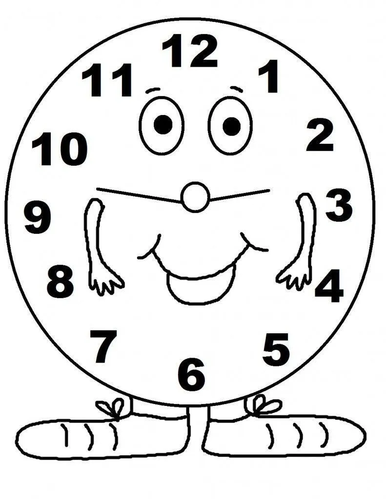 Desenho de contorno de um relógio circular com olhos, nariz, boca sorridente, braços pequenos e pés usando sapatos compridos.