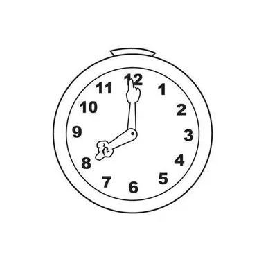 Desenho de contorno de um relógio circular com números de 1 a 12, onde os ponteiros das horas e minutos terminam em mãos humanas.