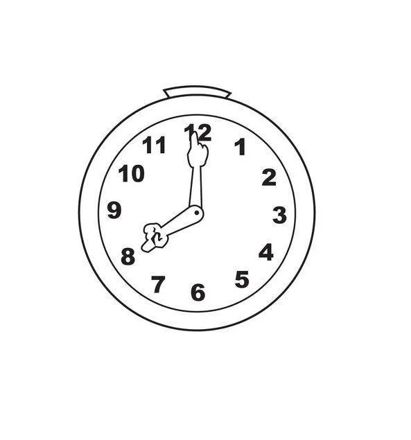 Desenho de contorno de um relógio circular com números de 1 a 12, onde os ponteiros das horas e minutos terminam em mãos humanas.