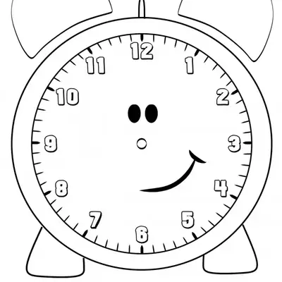 Desenho de contorno de um relógio despertador com rosto feliz, olhos ovais e sorriso, sem os ponteiros centrais, mostrando todos os números de 1 a 12.
