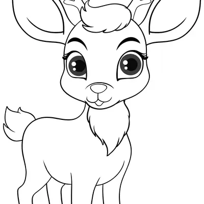 Desenho de contorno de uma rena filhote em pé, com olhos grandes, pequenos chifres e expressão doce.