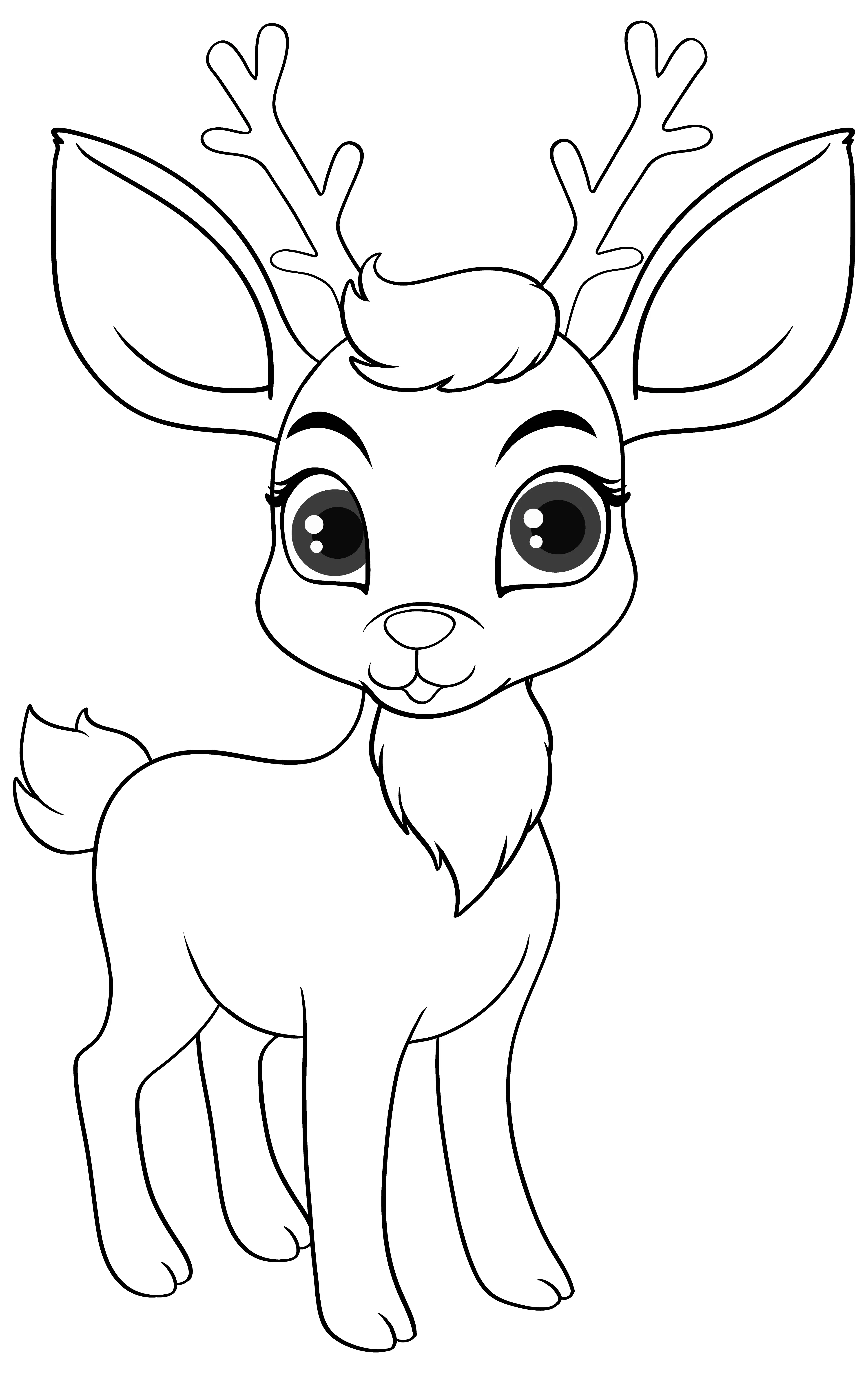 Desenho de contorno de uma rena filhote em pé, com olhos grandes, pequenos chifres e expressão doce.