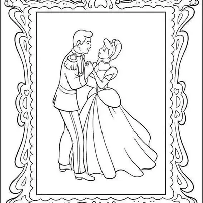 Desenho de contorno da Cinderela e o Príncipe Encantado dançando dentro de uma moldura de quadro ornamental decorada com corações e arabescos.