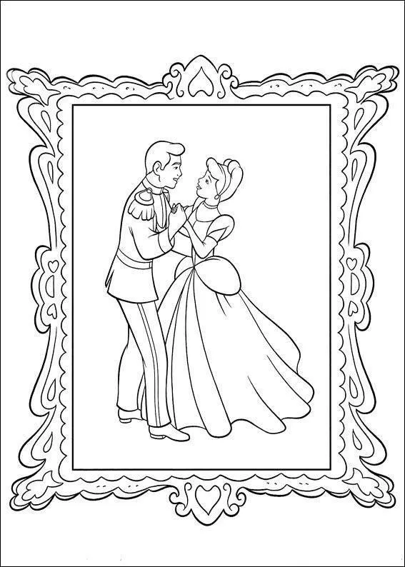 Desenho de contorno da Cinderela e o Príncipe Encantado dançando dentro de uma moldura de quadro ornamental decorada com corações e arabescos.