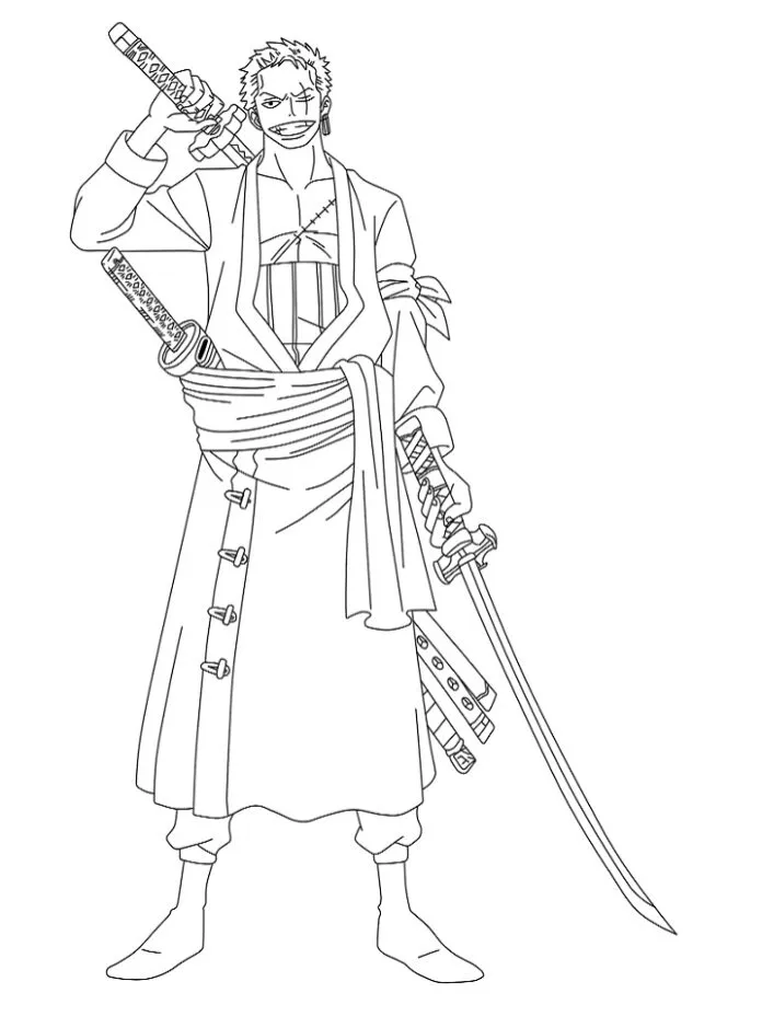 Desenho de contorno em preto e branco do Roronoa Zoro de corpo inteiro, segurando uma katana no ombro e outras na cintura, vestindo um robe longo.