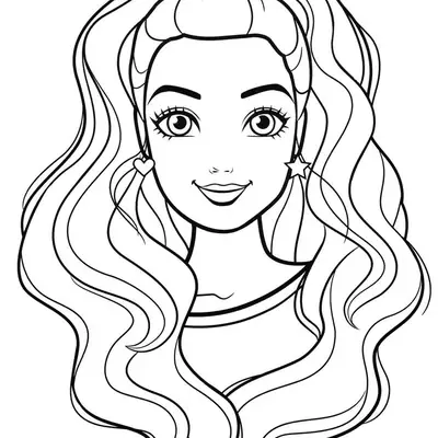 Desenho de contorno do rosto da Barbie com cabelos ondulados e volumosos presos em um rabo de cavalo alto, usando brincos de coração e estrela.
