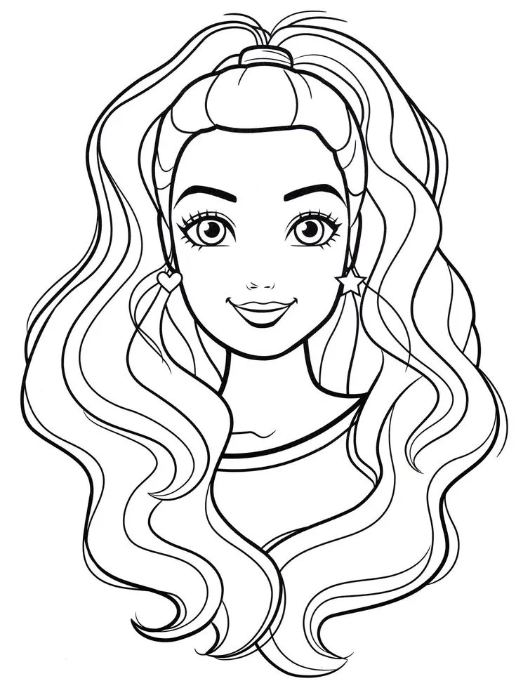 Desenho de contorno do rosto da Barbie com cabelos ondulados e volumosos presos em um rabo de cavalo alto, usando brincos de coração e estrela.