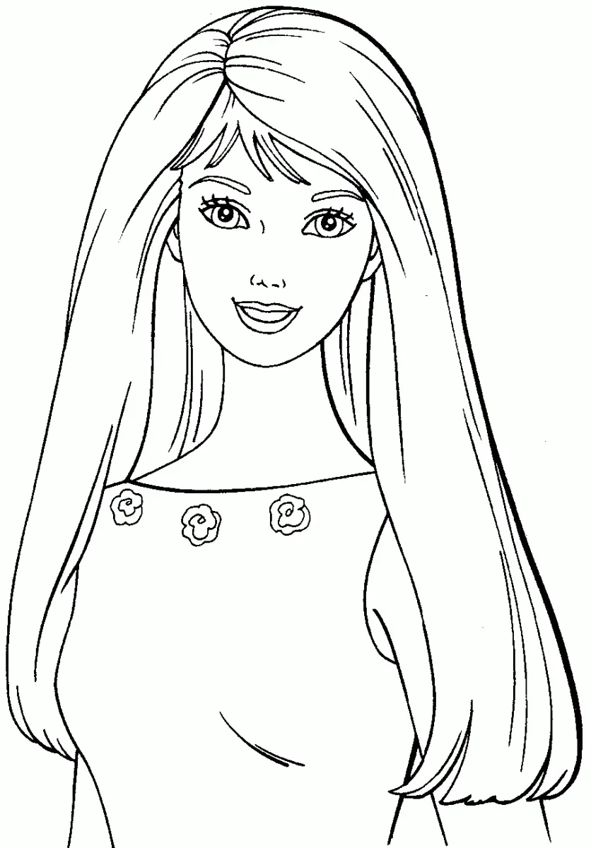 Desenho de contorno do busto da Barbie sorrindo, com cabelos longos e três pequenas flores decorando o decote da blusa.