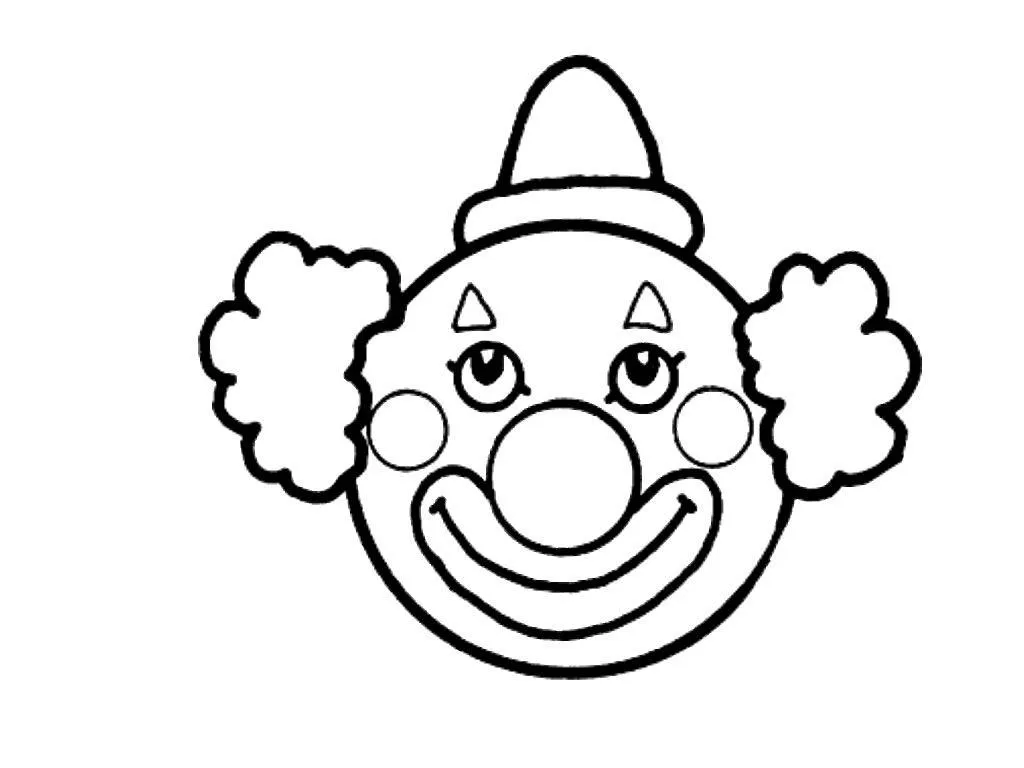 Desenho de contorno simples do rosto circular de um palhaço baby, com nariz redondo, bochechas marcadas, sobrancelhas triangulares e chapéu pequeno.