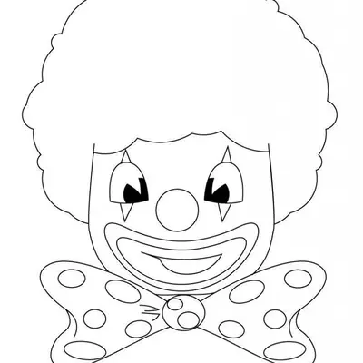 Desenho de contorno do rosto de um palhaço sorridente, destacando um grande cabelo crespo e redondo, pintura de triângulos nos olhos e gravata borboleta com círculos.