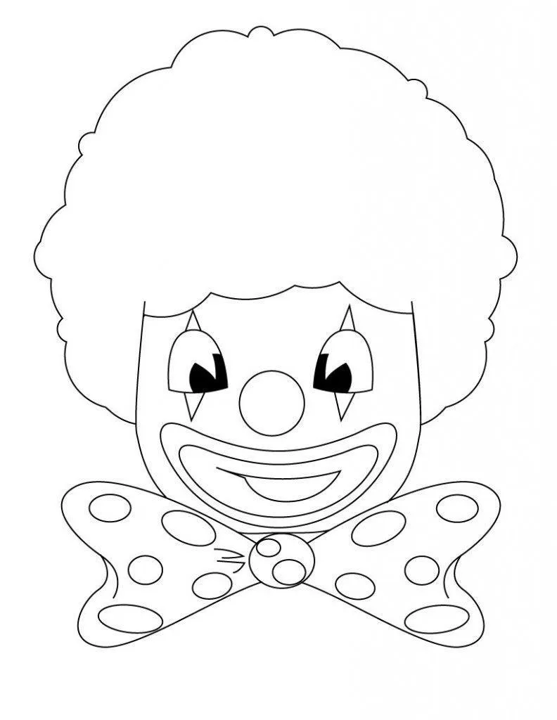 Desenho de contorno do rosto de um palhaço sorridente, destacando um grande cabelo crespo e redondo, pintura de triângulos nos olhos e gravata borboleta com círculos.